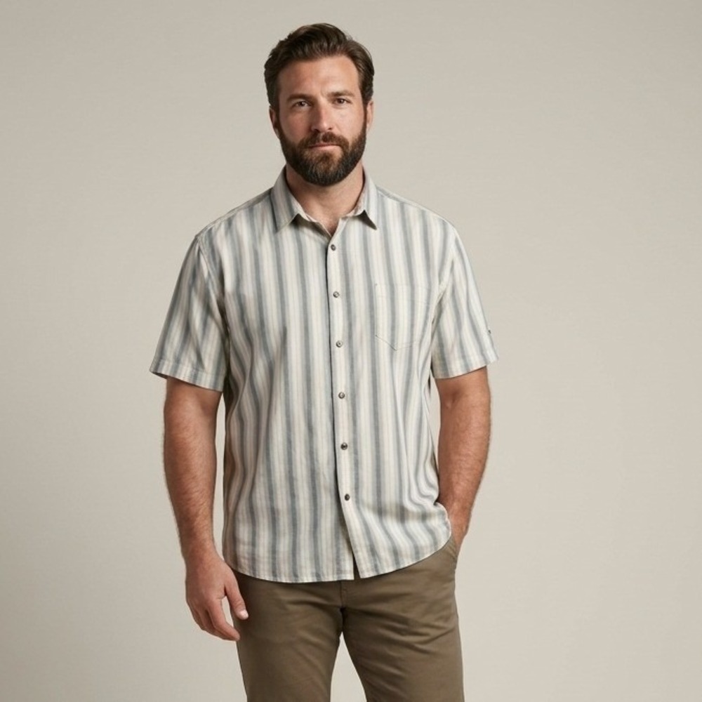 KUHL Mens XXL Short Sleeve Button Down Shirt Striped Cotton‎ Blend Cream Blue